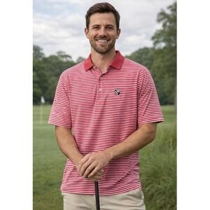 Peter Millar Mens Red White Striped Golf Polo Shirt Embroidered Logo Size L